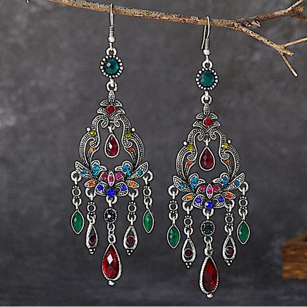 Boho Multicolor Zircon Earrings Silver Dangle Vintage